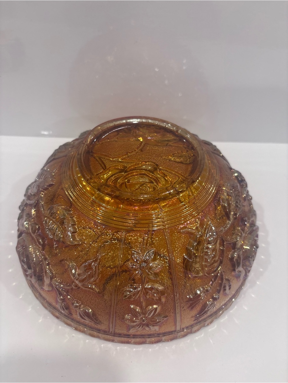 Vintage amber marigold carnival glass rose pattern serving bowl 8” iridescent - Picture 6 of 11
